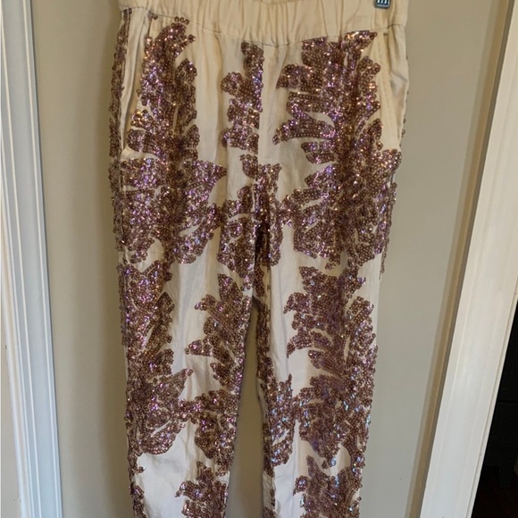 J. Crew Seaside Pants Womens 2 Iridescent Sequin Ivory Linen Cotton Jogger NEW - Picture 2 of 6